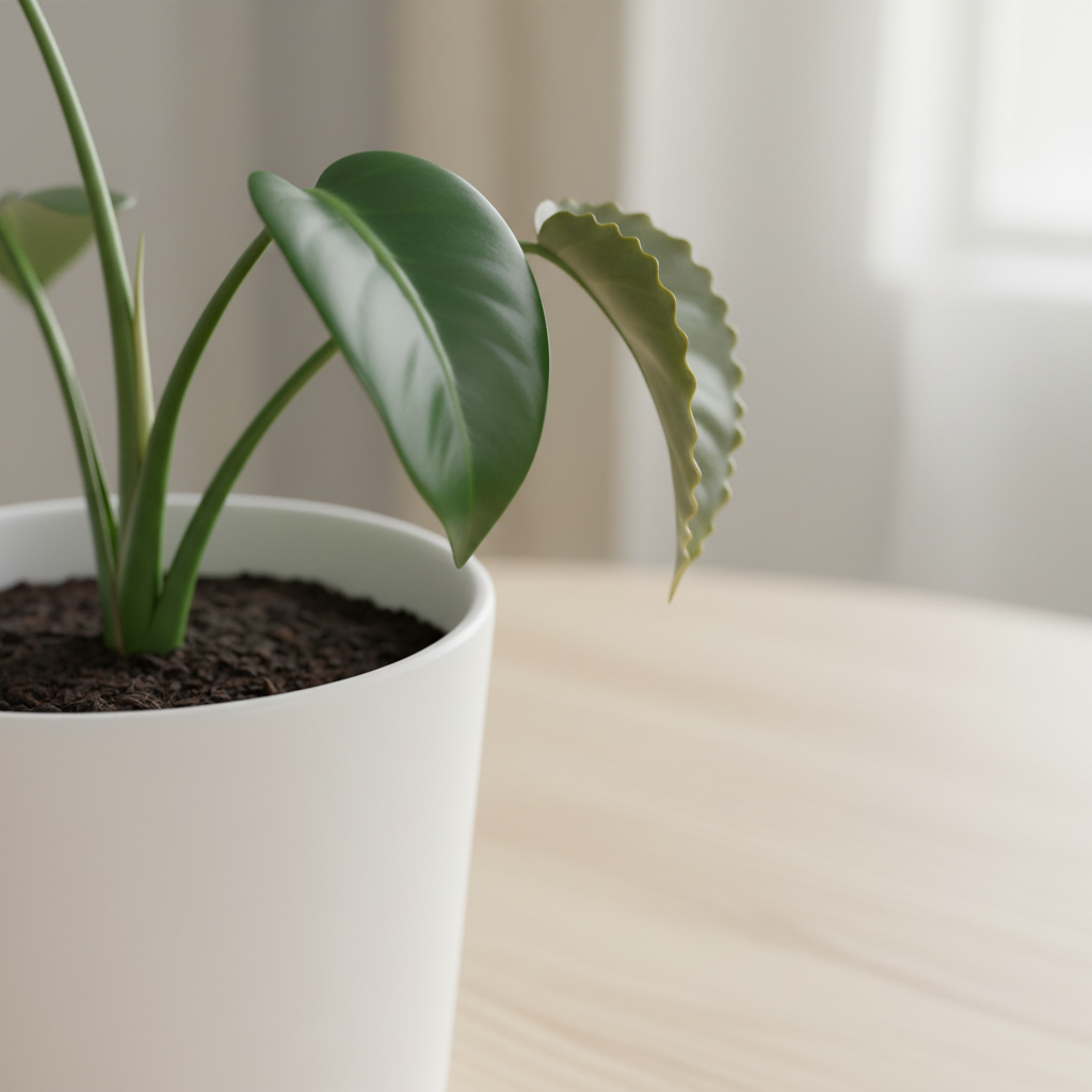 A close-up, side-angle photographic shot of a moisture-stressed houseplant leaf next to a healthy leaf on the same stem, illustrating beginner troubleshooting. The healthy leaf is richly green and slightly glossy, with smooth edges and firm texture, while the stressed leaf appears duller, slightly yellowed at the edges, and just beginning to curl. Both emerge from a simple, smooth white pot filled with dark, well-draining soil, placed on a pale wooden surface. Soft, diffused natural light from the right emphasizes the contrast without harsh shadows, and the background fades into a gentle blurred gradient of neutral tones. The mood is calm and educational, with a clinical yet approachable realism, perfect for explaining common houseplant problems.