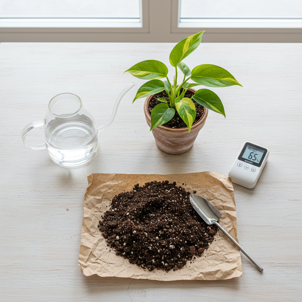 A top-down view of a tidy indoor plant care station on a pale wooden table, featuring a small glossy-leafed philodendron in a clay pot, a narrow-necked glass watering can filled with clear water, a digital moisture meter with a simple display, and a small pile of rich, dark potting mix on a kraft paper sheet. Soft overcast window light falls evenly from above, reducing harsh shadows and highlighting the textures of soil, pottery, and leaves. The composition is carefully arranged with generous negative space, creating a balanced, instructional feel. The mood is methodical yet approachable, presented in clean, high-resolution photographic realism ideal for illustrating simple houseplant care routines.