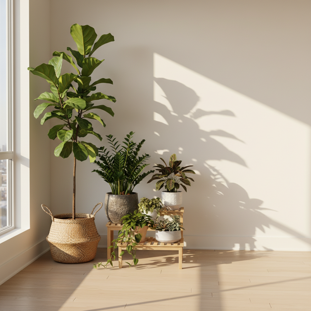A bright indoor corner transformed into a mini jungle, featuring a tall fiddle leaf fig in a woven natural-fiber basket, a bushy ZZ plant in a charcoal ceramic planter, and a low wooden plant stand holding a cluster of smaller pots. The walls are painted a soft warm white, and a large nearby window allows late-afternoon golden light to stream in, creating gentle highlights on the glossy leaves and elongated shadows across the hardwood floor. Photographed from a medium-wide, eye-level angle, the composition follows the rule of thirds, with plants clustered toward one side and open negative space on the other. The atmosphere is aspirational yet achievable, with crisp, realistic, professional photographic styling suited to a modern indoor garden inspiration scene.