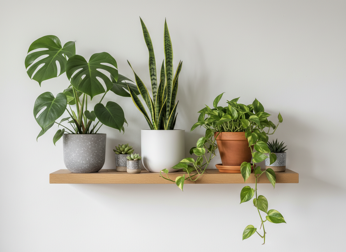 A collection of healthy indoor houseplants arranged on a light oak shelf against a clean white wall, showcasing a variety of lush green foliage. A glossy monstera with split leaves, a compact snake plant in a matte white pot, and a trailing pothos in a terracotta planter create layered textures and shades of green. Soft morning daylight streams through an unseen window to the left, casting gentle, natural shadows and subtle highlights on the leaves. Photographed at eye level with a slightly off-center composition and shallow depth of field, the background softly blurs. The mood is calm, fresh, and professional, with a clean, modern, photographic realism that emphasizes simplicity and attainable indoor gardening for beginners.