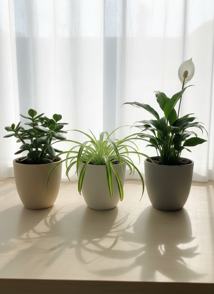 A neat row of small beginner-friendly houseplants, including a jade succulent, a spider plant, and a peace lily, each in simple matte ceramic pots in soft neutrals of white, sand, and gray, placed on a smooth, light wooden windowsill. Gentle late-morning natural light enters through a sheer white curtain, creating a soft, even glow and faint shadows that emphasize the plants’ textures and shapes. The image is shot from a slightly elevated angle, using the rule of thirds to position the plants along the lower third of the frame, with crisp focus across the scene. The mood is reassuring and organized, styled in bright, clean, photographic realism to reflect a practical yet aesthetically pleasing indoor garden for beginners.
