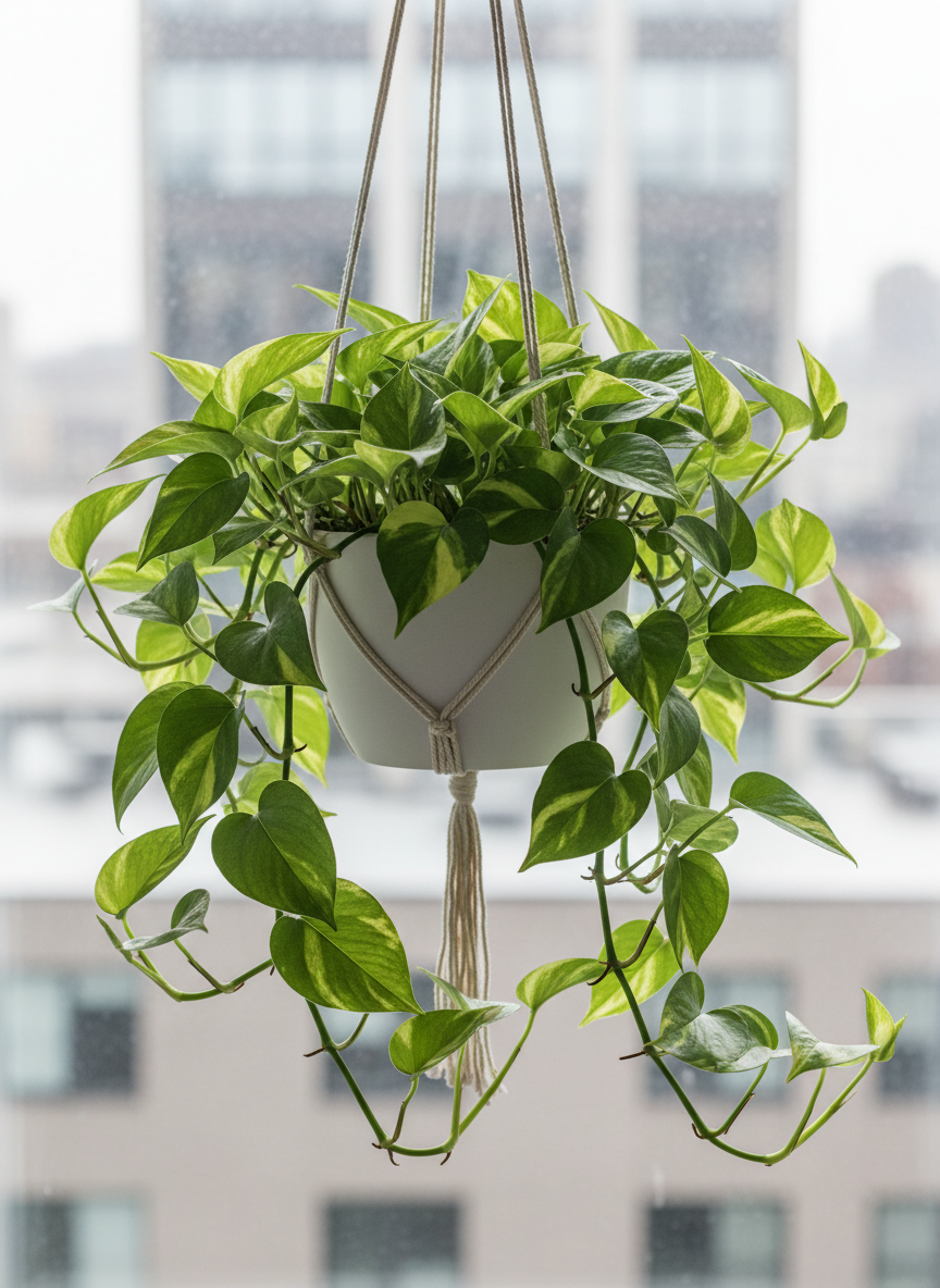 A single vibrant pothos plant overflowing from a smooth white ceramic hanging pot, its heart-shaped leaves variegated in rich emerald and pale lime tones. The plant hangs in front of a large, slightly frosted window, with diffused daylight softly illuminating each leaf and creating delicate, natural highlights along the edges. Behind the plant, the background falls into a subtle bokeh of muted city shapes and soft grays. Captured from a slightly low angle, the camera focuses sharply on the cascading vines as they curve and twist downward. The atmosphere is bright, serene, and encouraging, with a clean, minimalist, photographic style that conveys the ease and beauty of growing forgiving trailing houseplants indoors.